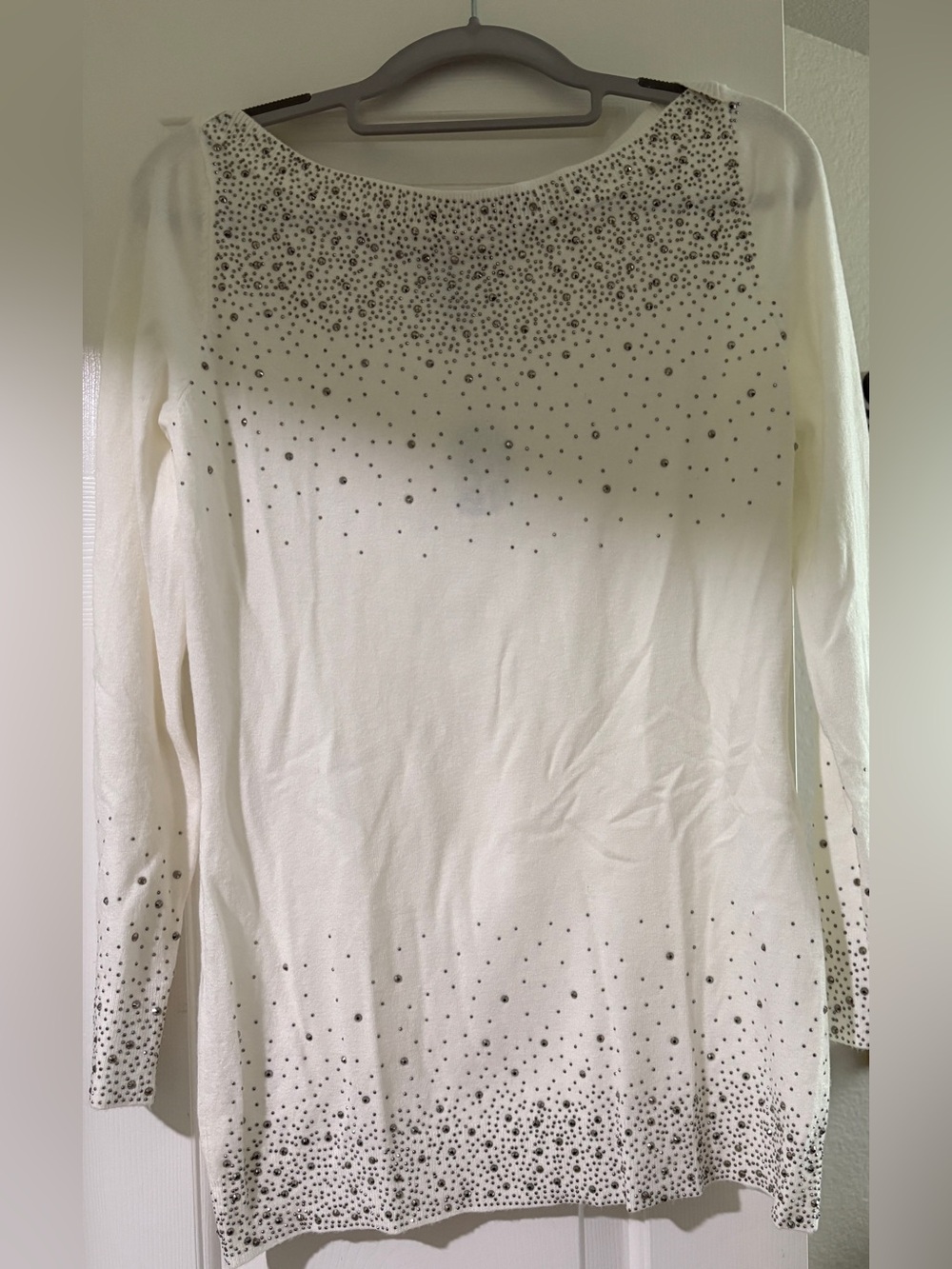 Embellished Boatneck Long-Sleeve Top - White with Gray accents